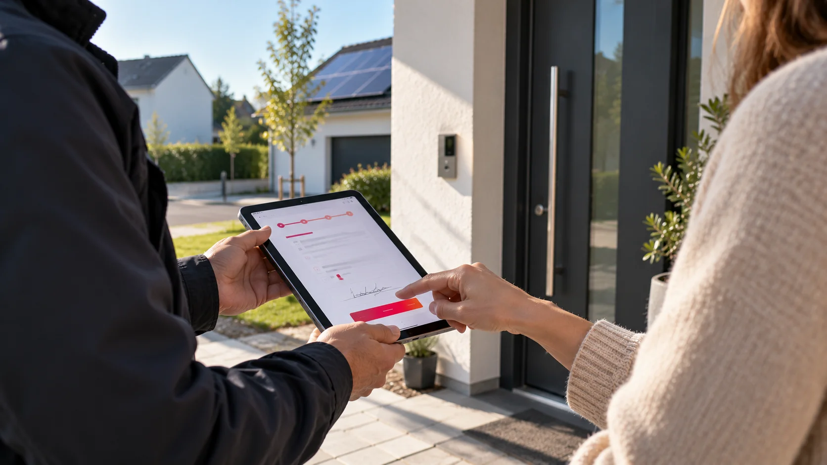 Vertriebsmitarbeiter übergibt einer Kundin an der Haustür ein Tablet zur digitalen Vertragsunterschrift, Symbolbild für D2D-Vertrieb